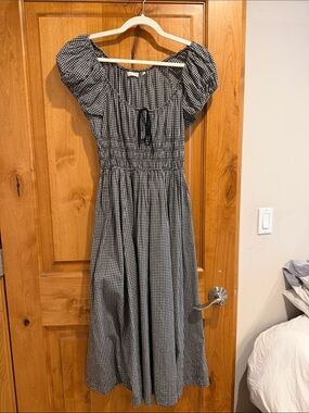 Doen Quinn Black and White Gingham Puff-Sleeve Midi Dress